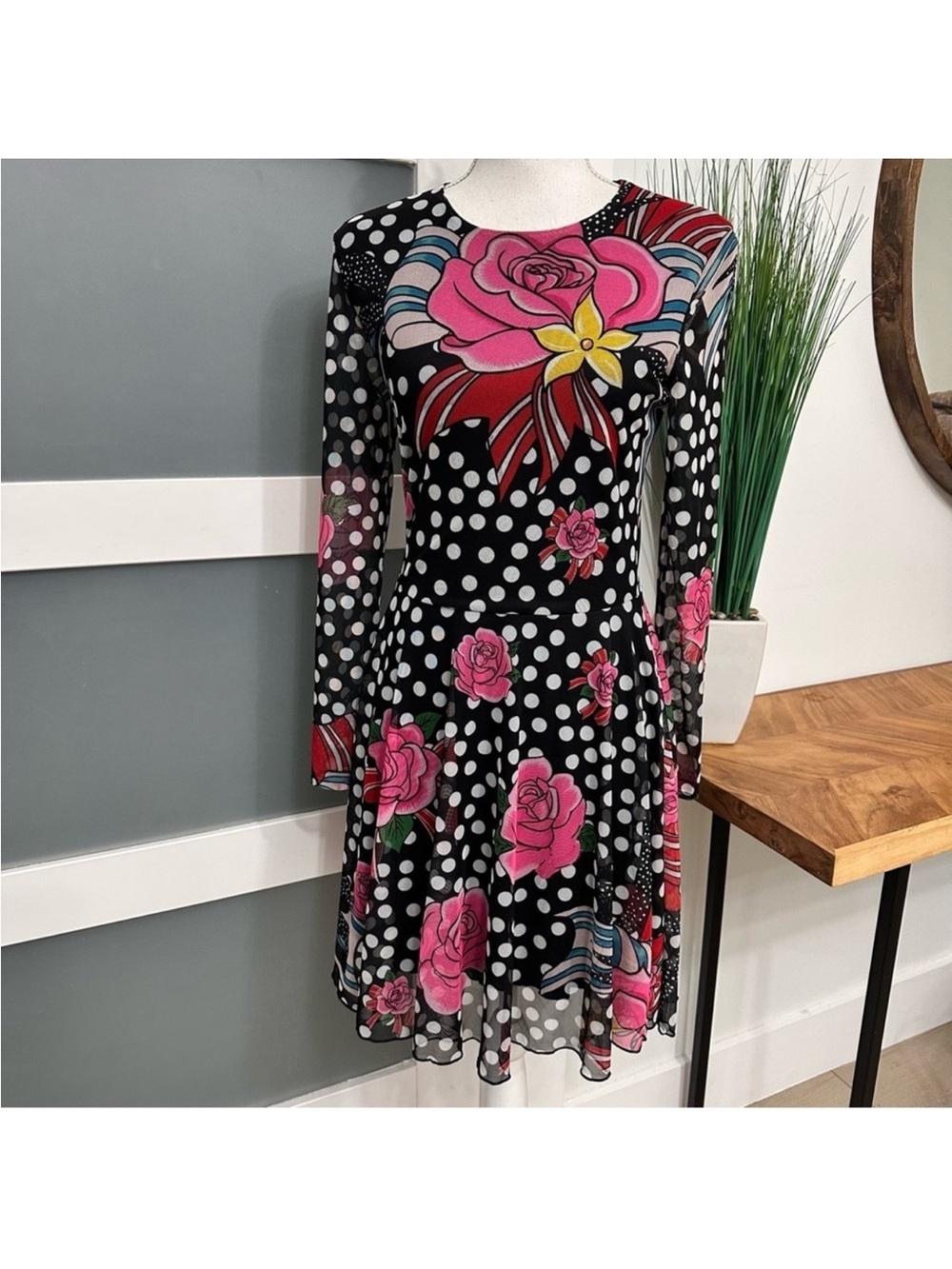 Floral Polka Dot Long-Sleeve Fit & Flare Dress - Black with Pink Accents - Picture 4 of 5